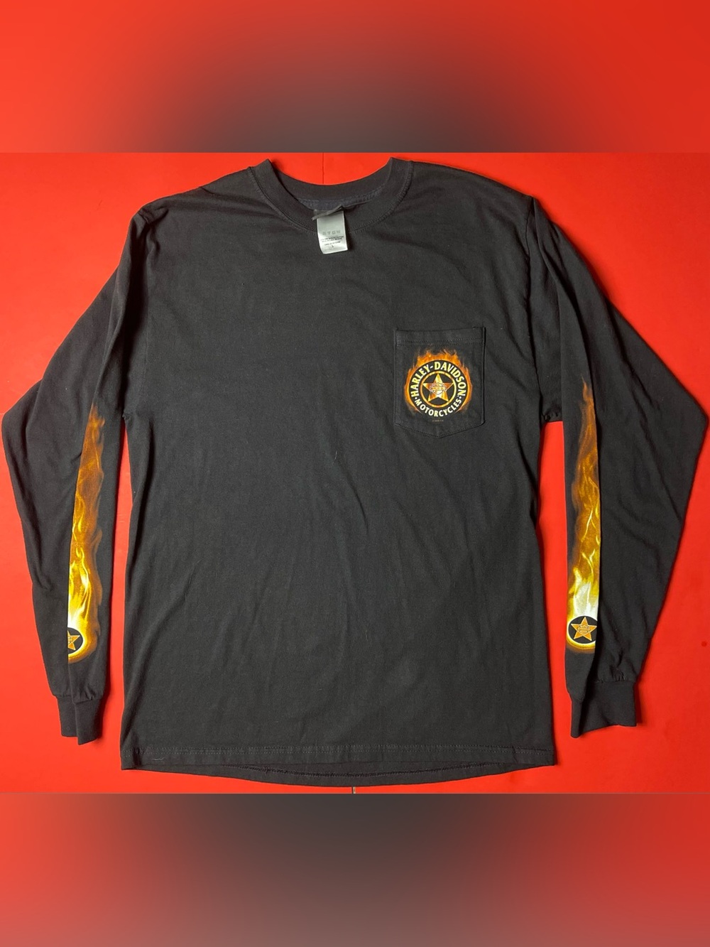 Harley-Davidson Black Long Sleeve Pocket Tee with Yellow-Orange Flame Sleeves